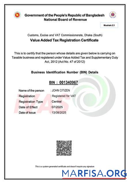 Realistic Bangladesh VAT registration certificate Word and PDF template